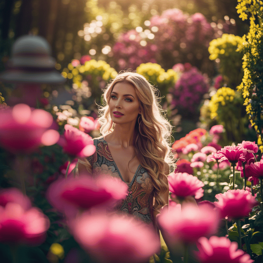 An image showcasing a serene, sunlit garden with vibrant flowers blooming amidst a labyrinth of mirrors reflecting diverse faces, radiating confidence and joy, capturing the essence of inner beauty