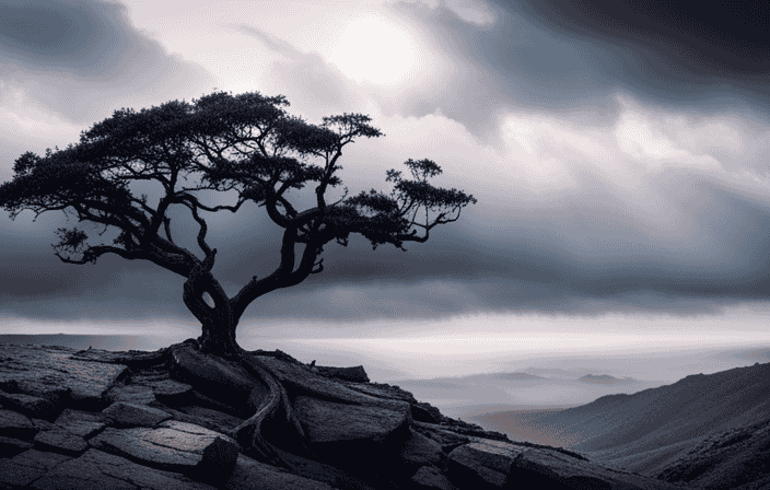 An image that captures the essence of building spiritual strength by depicting a lone tree, rooted firmly in rocky terrain, with its branches reaching towards the sky, embracing the sunlight amidst a stormy sky