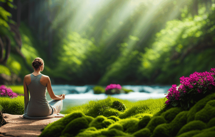 An image of a serene, sunlit forest clearing, where a figure peacefully meditates on a moss-covered rock