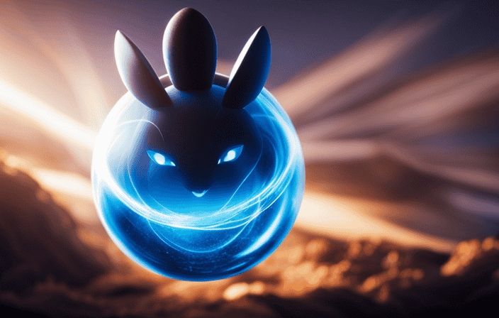 An image capturing the electrifying essence of Lucario's Aura Sphere: a focused beam of blue energy pulsating from its palms, surrounded by a swirling aura, showcasing its immense power and mystique