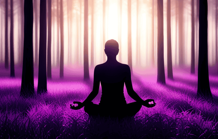 An image showcasing a serene forest scene at dusk, with a mystical purple aura radiating from a meditating figure