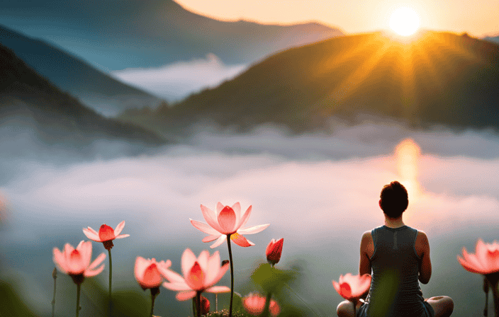 an image that captures the essence of a spiritual journey: a serene landscape adorned with blooming lotus flowers, as a radiant sunrise breaks through the mist, illuminating a meditating figure in profound tranquility