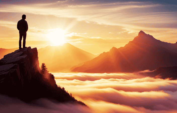 An image showcasing a radiant sunrise over a serene mountaintop, where vibrant beams of light pierce through the clouds, symbolizing the unleashing of one's spiritual gifts
