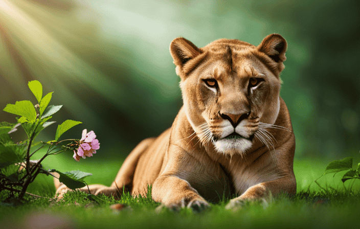 An image showing a fierce lioness, her eyes radiating fearlessness, surrounded by delicate cherry blossom petals symbolizing compassion, while a lush green vine intertwines with her, representing growth and inner strength