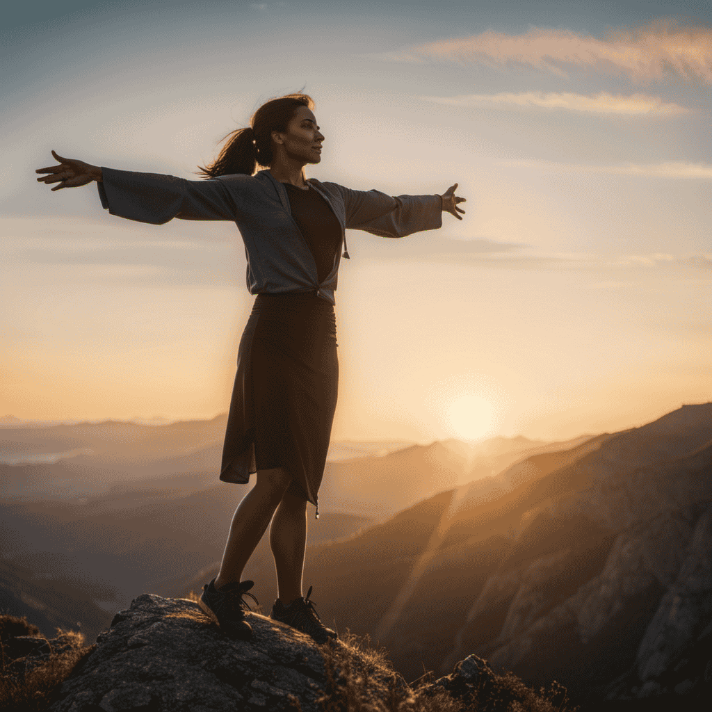 An image of a woman standing tall on a mountaintop, her arms outstretched, basking in the warm glow of the rising sun