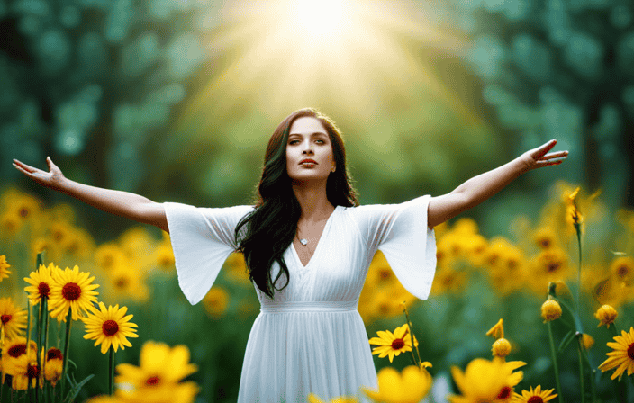 An image that captures the essence of unleashing spiritual gifts, depicting a radiant figure bathed in vibrant light, surrounded by blooming flowers and soaring birds, their outstretched arms emanating a golden aura