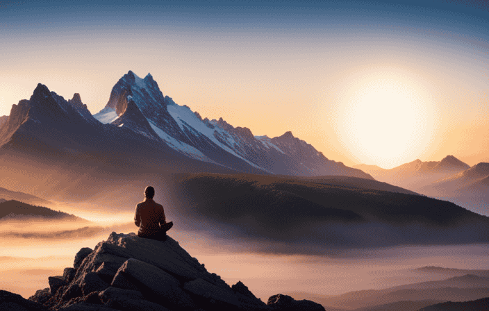 An image capturing a serene mountaintop at sunrise, with a solitary figure meditating, surrounded by shimmering golden light, as cosmic energy flows through their body, forging a deep connection with the universe