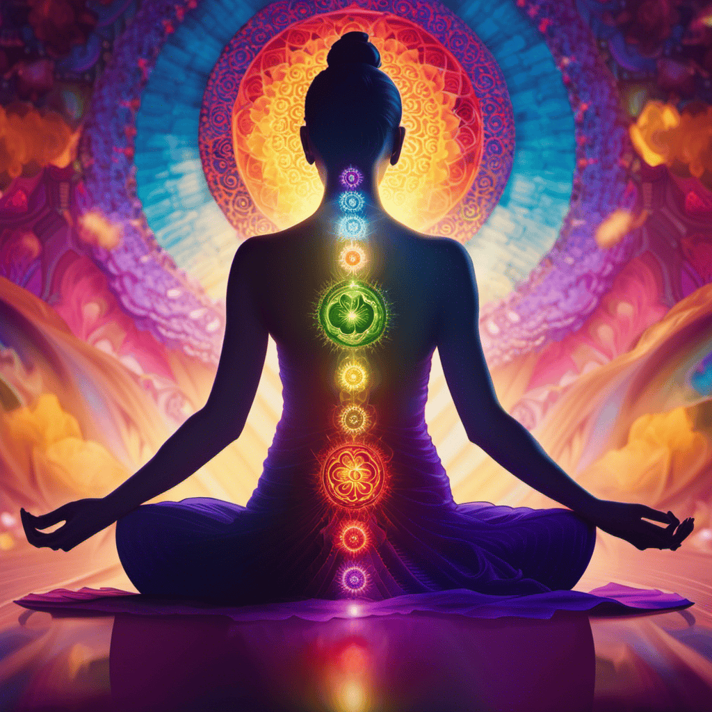 An image showcasing a serene figure surrounded by vibrant, swirling colors symbolizing the seven chakras