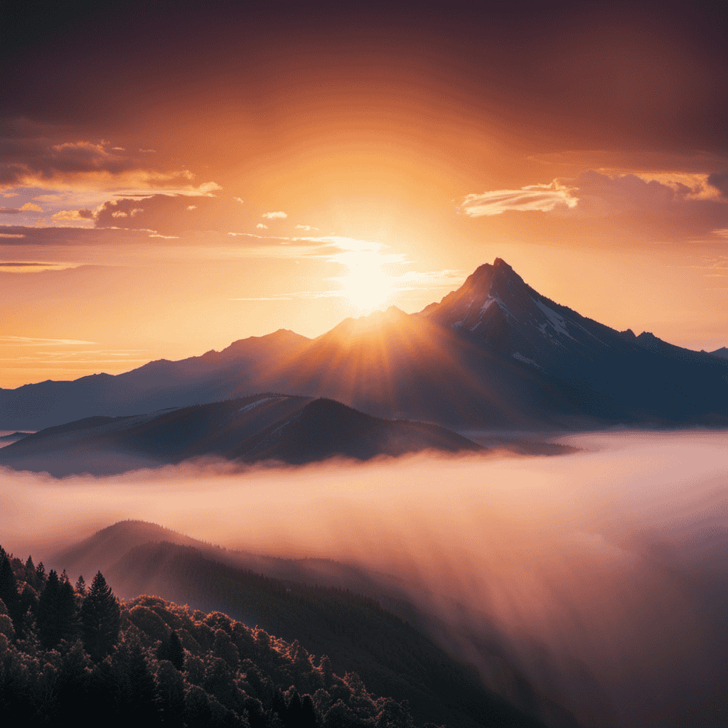An image of a radiant sunrise casting vibrant hues across a serene landscape, illuminating a towering mountain peak