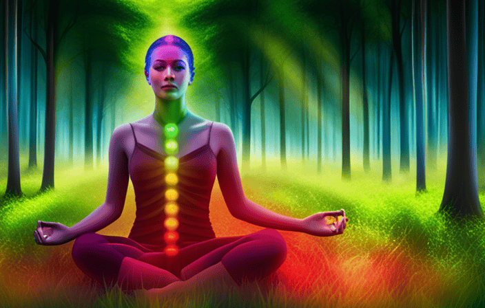 An image of a serene figure meditating in a lush green meadow, surrounded by vibrant, interweaving ribbons of shimmering colors that radiate from their body, symbolizing the diverse spectrum of auras waiting to be unlocked
