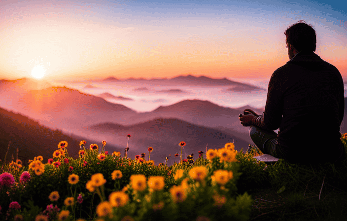 An image that captures the serenity and stillness of a secluded mountaintop, with a lone figure sitting cross-legged in deep meditation, surrounded by vibrant blossoming flowers and a golden sunrise painting the sky
