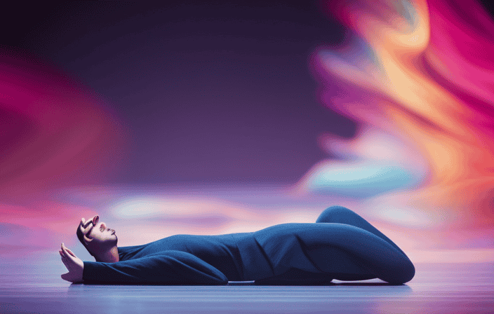 An image of a serene, dimly-lit room with a person sitting cross-legged, eyes closed, surrounded by a vibrant, swirling aura of colors, emanating from their body