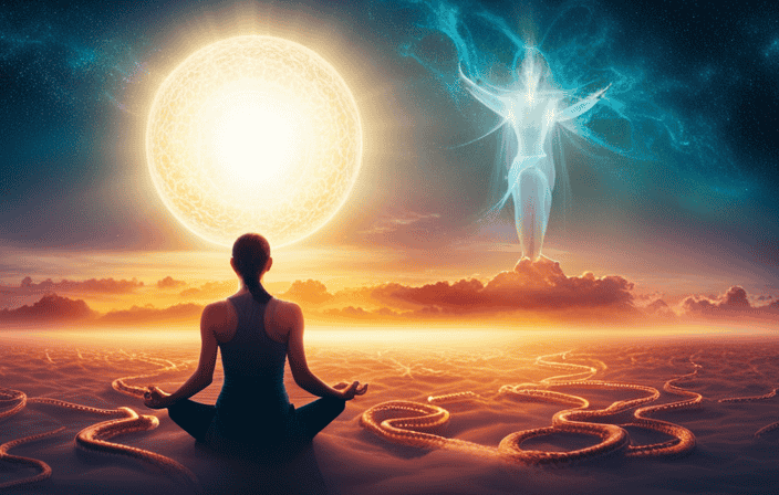 An image that portrays a person meditating in a vibrant, serene setting, surrounded by intertwining, glowing serpents symbolizing the awakening of Kundalini energy, while displaying both the potential and risks of this transformative journey
