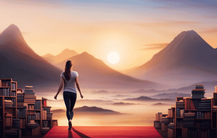An image depicting a person effortlessly gliding through a colorful world, surrounded by vibrant landscapes, ancient ruins, a yoga mat, and a bookshelf filled with diverse books that symbolize personal fulfillment and growth