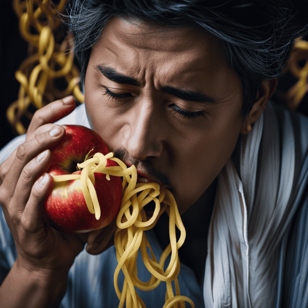 An image depicting a person with a distressed expression, their hand grasping their throat, while a variety of symbolic foods, like a vibrant apple and tangled noodles, emerge from their mouth, symbolizing the struggle to unleash self-expression