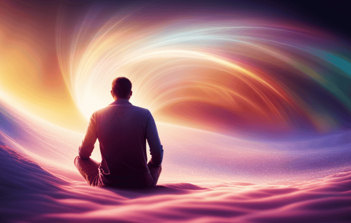 An image showcasing a serene, ethereal scene of a person immersed in a glowing aura, surrounded by vibrant, swirling colors