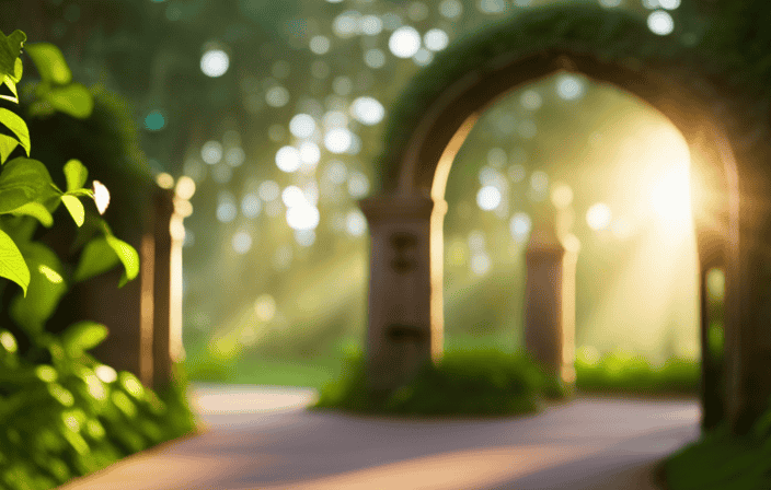 An image capturing a serene, lush garden pathway bathed in golden sunlight, leading to an ornate, ancient gate