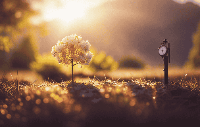 An image depicting a serene garden bathed in golden sunlight, where a solitary tree stands tall amidst blooming flowers