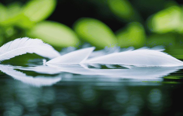 the essence of spiritual harmony in an image that portrays serene white feathers gently floating in crystal-clear water, surrounded by vibrant green leaves, symbolizing the art of cleansing and renewal