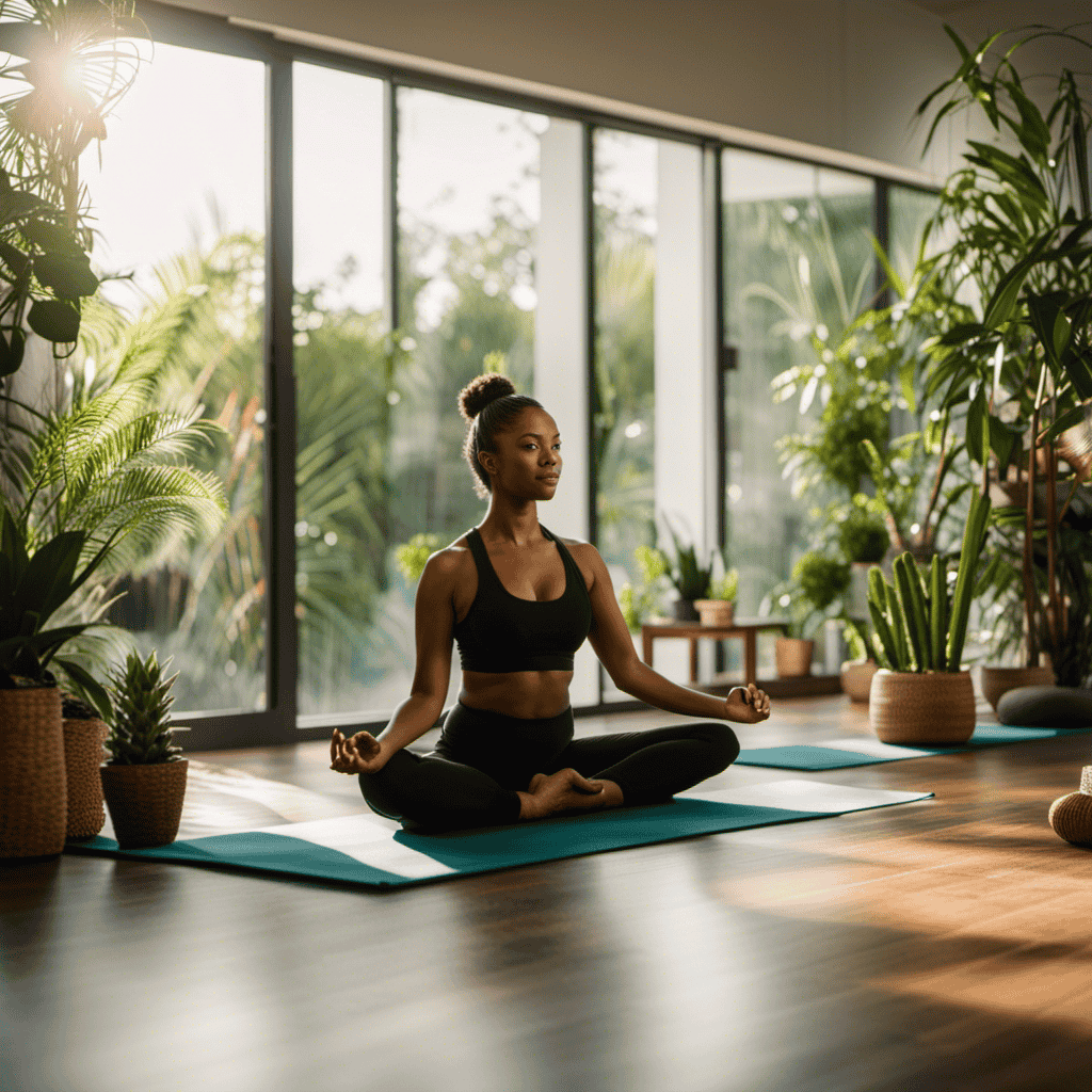 An image that showcases a serene yoga studio, filled with natural light, where a person with a confident posture practices yoga, surrounded by vibrant plants, promoting the idea of yoga as a powerful tool for weight management