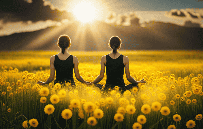 An image showcasing a person meditating in a serene meadow filled with vibrant yellow flowers, as sunlight bathes their face