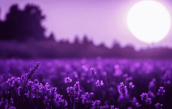 An image showcasing a serene, lavender-hued meadow bathed in soft moonlight, where ethereal beings radiate an enchanting purple aura