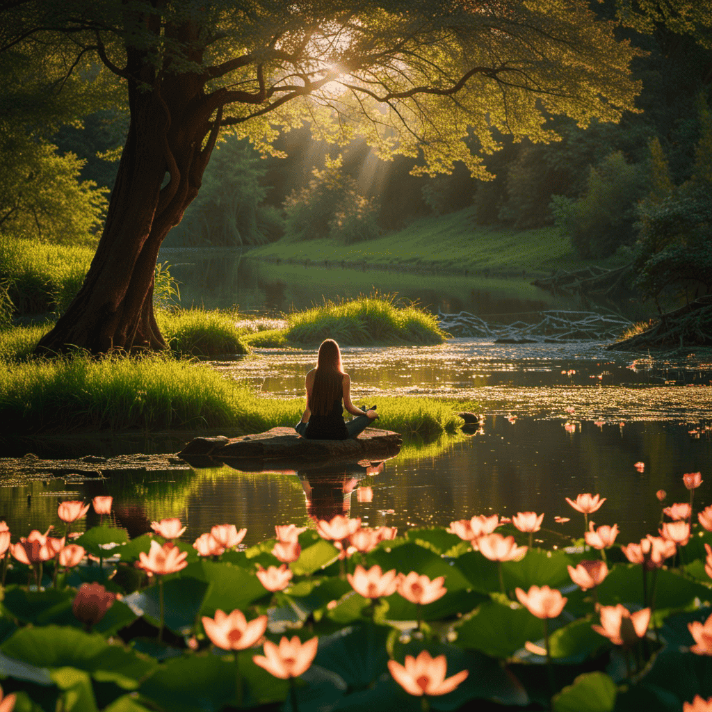 An image capturing a serene setting, with a person sitting cross-legged on a lush green meadow, bathed in golden sunlight