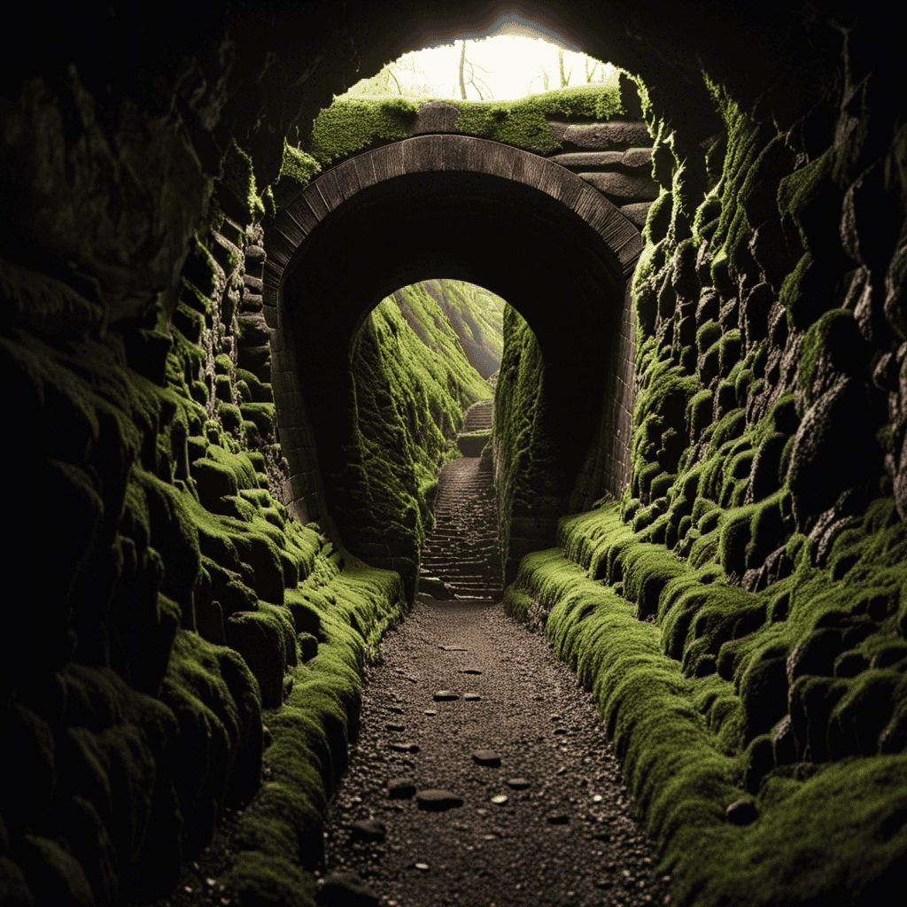 lit underground tunnel, its rough stone walls lined with twisting vines and moss