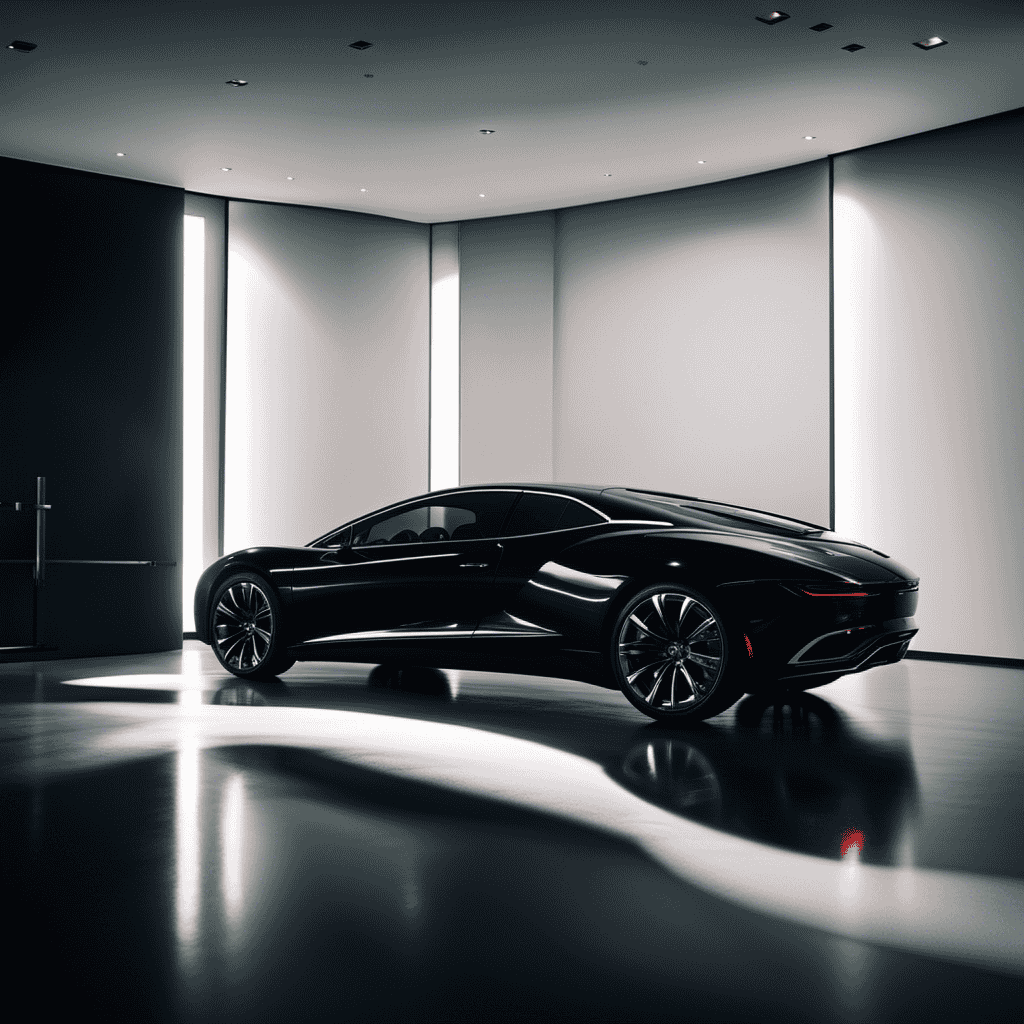 An image showcasing a dimly lit room with a sleek, black luxury car parked in the center