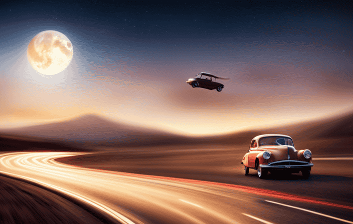 An image of a serene, ethereal landscape at dusk, where a vintage car floats effortlessly above a winding road, surrounded by shimmering stars