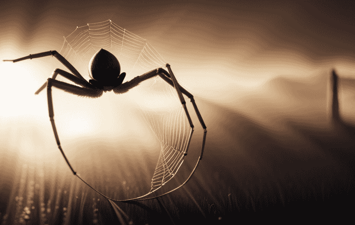 An image showcasing a dimly lit room with a spider gracefully descending from the ceiling, casting delicate shadows on the walls