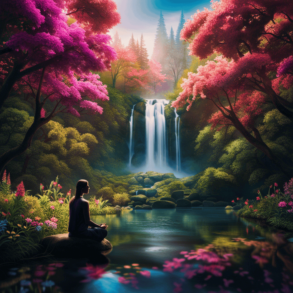 An image of a serene, lush forest clearing with a tranquil waterfall, surrounded by vibrant flowers