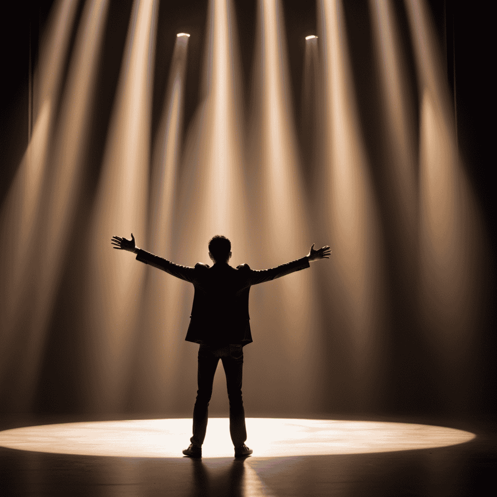 An image capturing a solitary figure standing on a dimly lit stage, surrounded by a myriad of swirling shadows