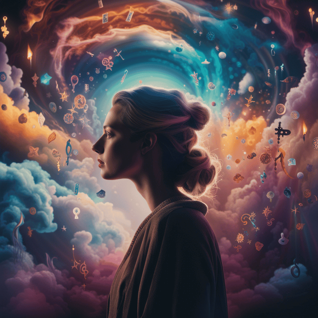 An image featuring a person with a blurred face, surrounded by ethereal, swirling colors and symbols representing different dream elements, such as keys, clouds, and animals, evoking the mysterious world of dream symbolism