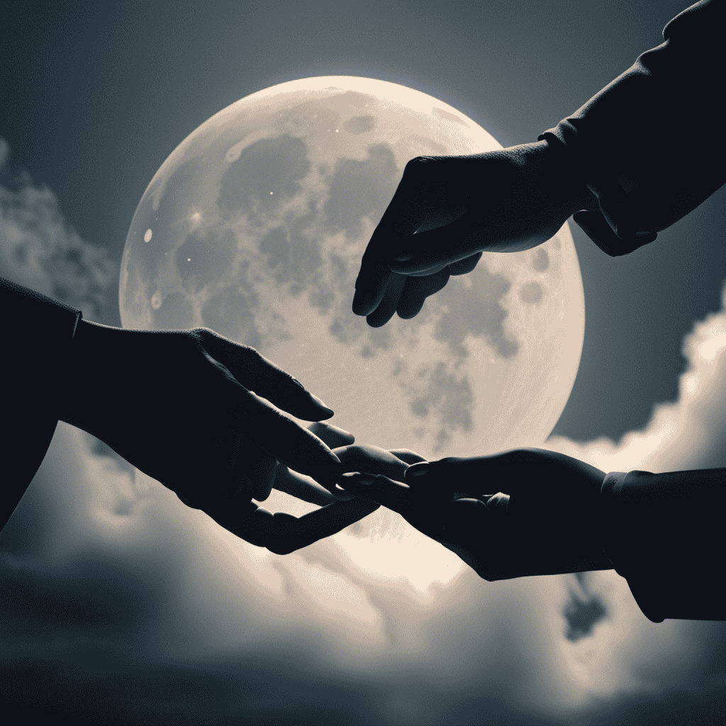An image depicting a moonlit night, where two souls float towards each other on ethereal clouds, their outstretched hands reaching for a gentle connection, symbolizing the enigmatic dreams of meeting someone