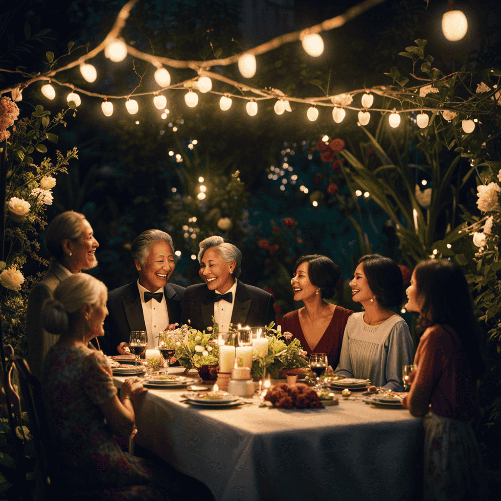 An image that depicts a serene, moonlit garden adorned with a grand, intricately decorated dining table
