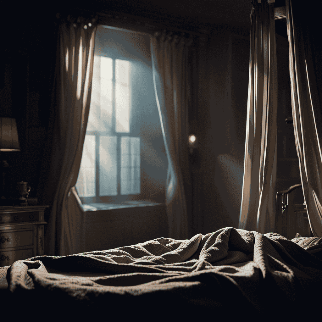 An image depicting a dimly lit bedroom, with a solitary figure lying under a heavy quilt