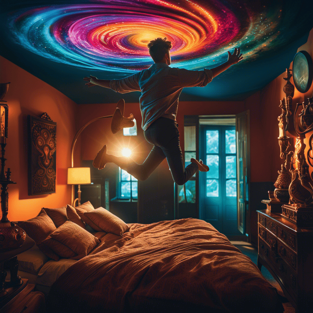 An image showcasing a person levitating above their bed, surrounded by a swirling vortex of vibrant colors and fantastical creatures, illustrating the mysterious world of dream symbolism and its profound insights