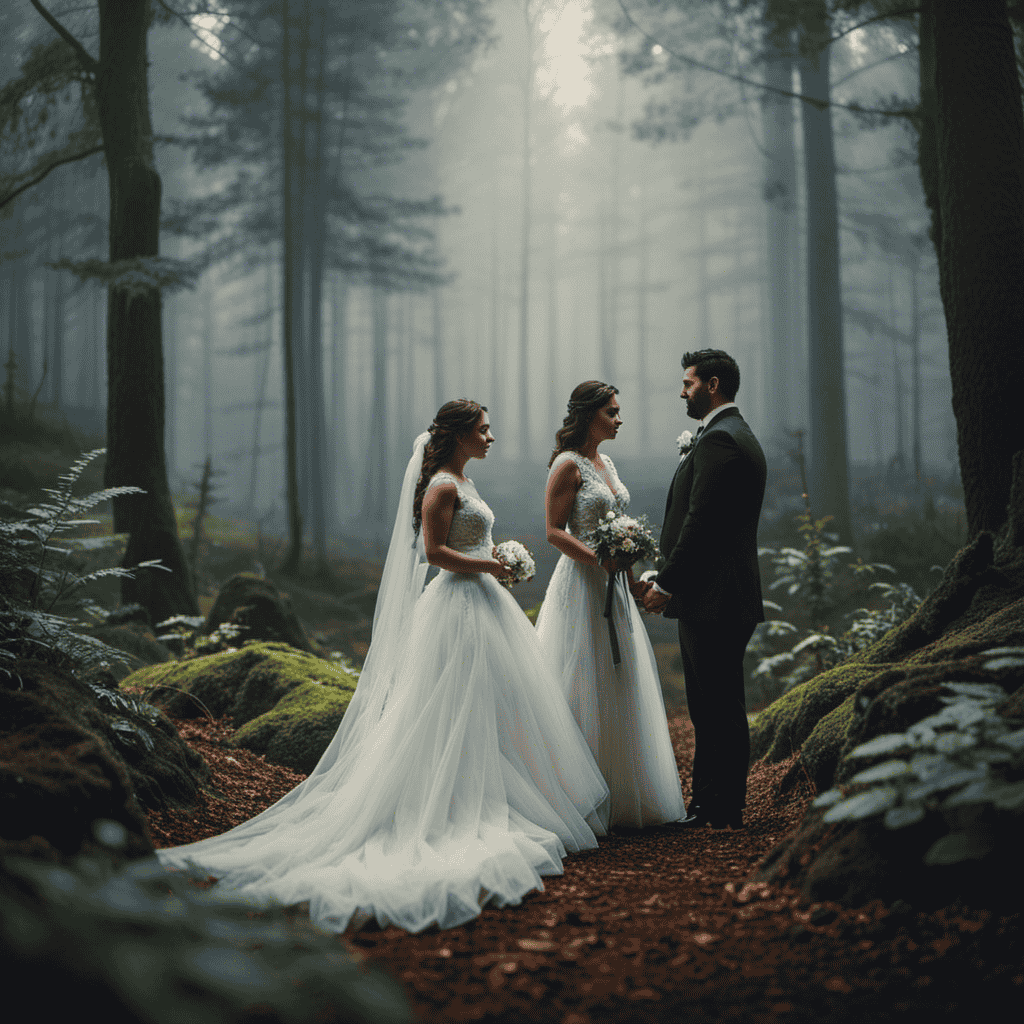 An image of a bride and groom standing at the edge of a mystical forest, surrounded by swirling mist
