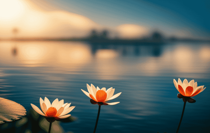 An image that captures the ethereal connection between two souls, depicted through a serene sunset reflecting upon a tranquil lake, while a delicate butterfly rests upon a blooming lotus flower