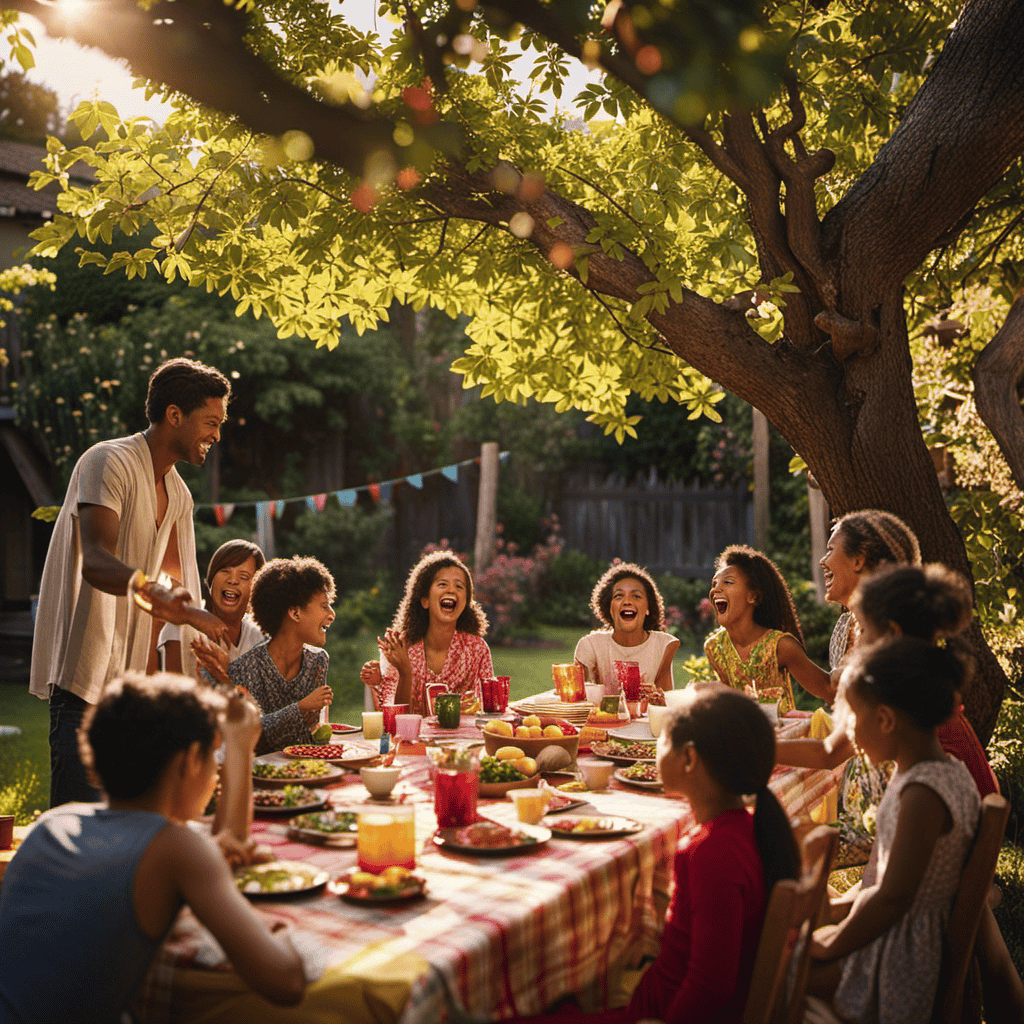 An image of a sunlit backyard adorned with a long wooden table, draped in a vibrant tablecloth, surrounded by family members laughing and sharing a meal, as children play gleefully under a sprawling tree