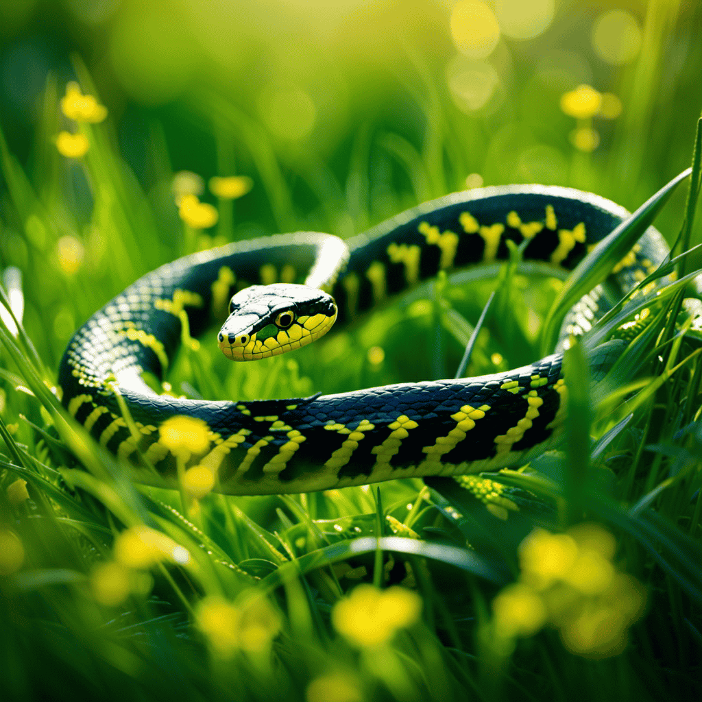 An image showcasing a vivid dream interpretation: a yellow and black striped snake slithering through a lush green meadow, its mesmerizing scales glistening in the sun, evoking a sense of mystery and hidden meanings