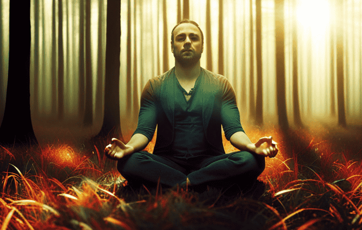An image showcasing a person meditating in a serene forest, surrounded by vibrant energy patterns emanating from their body
