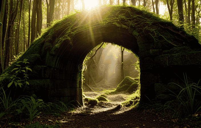 An image of an ancient, moss-covered stone archway nestled within a lush forest