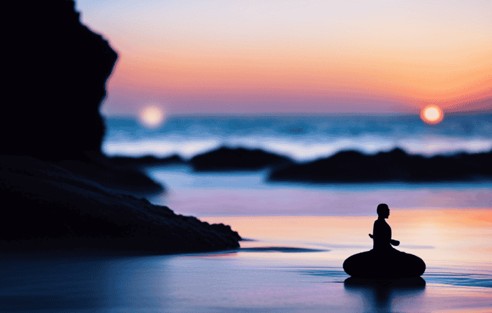 An image depicting a serene beach at sunset, with a silhouette of a person meditating on a rock, surrounded by vibrant energy radiating from the sky, illustrating the transformative and empowering nature of spiritual coaching