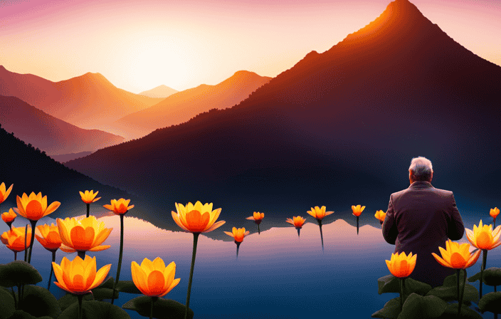 An image that depicts a radiant golden sunrise illuminating a serene mountaintop, where a figure stands in deep contemplation, surrounded by vibrant blossoming lotus flowers, symbolizing the profound awakening of spiritual knowledge