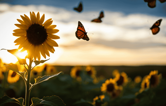An image capturing a radiant sunflower, its golden petals unfurling towards the heavens, while delicate butterflies flutter around it, symbolizing the transcendence and awakening of the human spirit