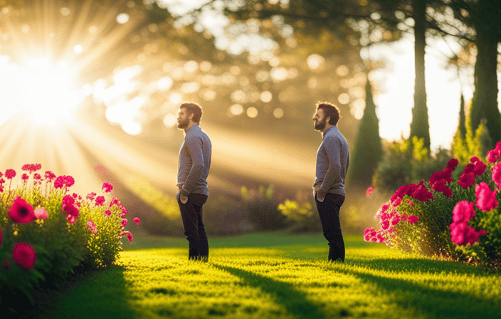 An image that captures a person standing in a serene garden, bathed in soft sunlight
