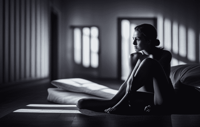 An image of a dimly lit bedroom with a moonlit window, casting shadows on a serene figure sitting cross-legged on the floor