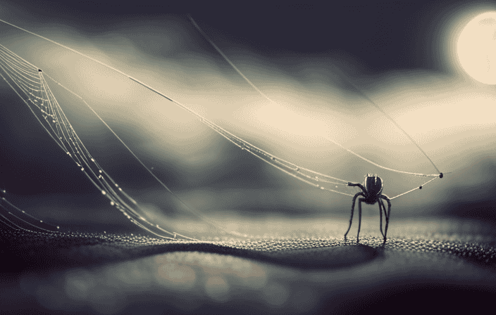the essence of spider dreams: A dark, ethereal backdrop shrouded in mist, a solitary spider suspended from a delicate thread, its intricate web glistening with moonlit dewdrops, evoking the enigmatic allure of the spiritual realm